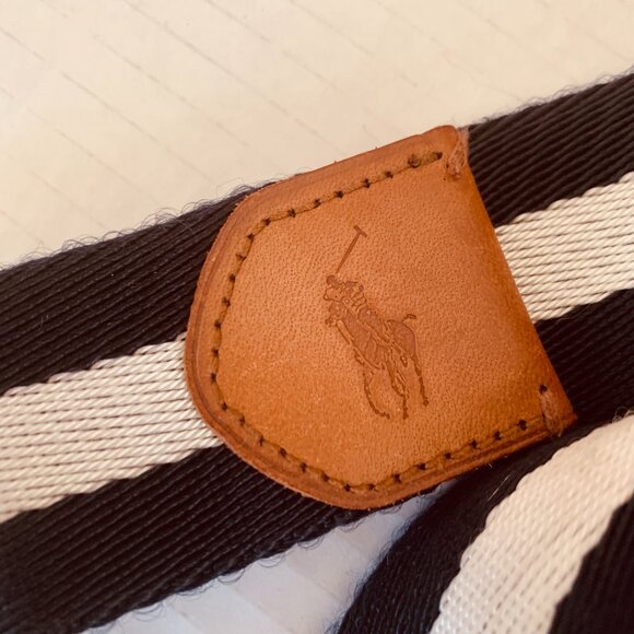 Polo Ralph Lauren Navy White Striped Fabric Leather Dual D Ring Belt XL - Picture 3 of 9